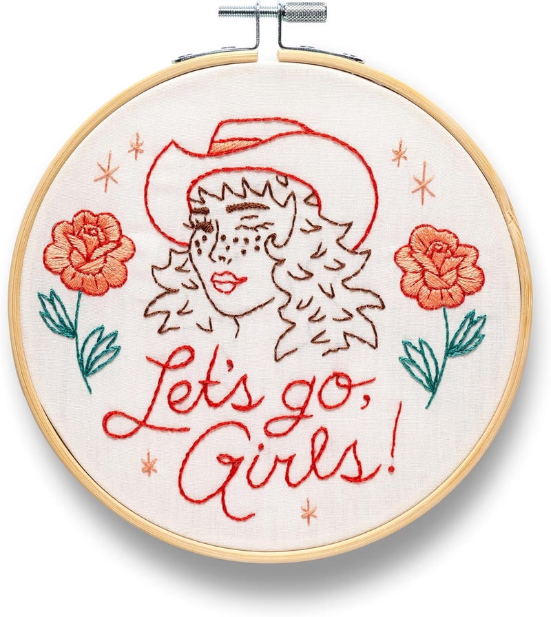 Let's Go Girls Embroidery Kit | Funny Beginner Needle Work Starter Set for Adults | Needlepoint DIY Arts and Crafts | Cross Stitch Set with Bamboo Hoop Floss Needles Threader Printed Fabric